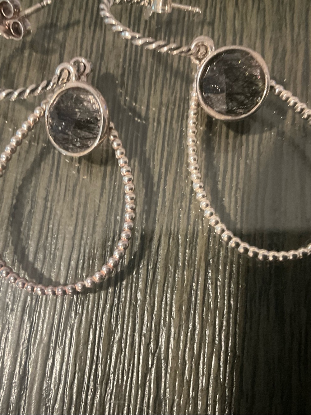 Pandora Sterling Silver Black Rutilated Quartz Hoop Earrings 925 - Picture 6 of 8